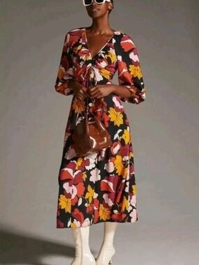 Mave Anthropologie Black Floral Midi Dress with Red, Yellow & Pink Blooms